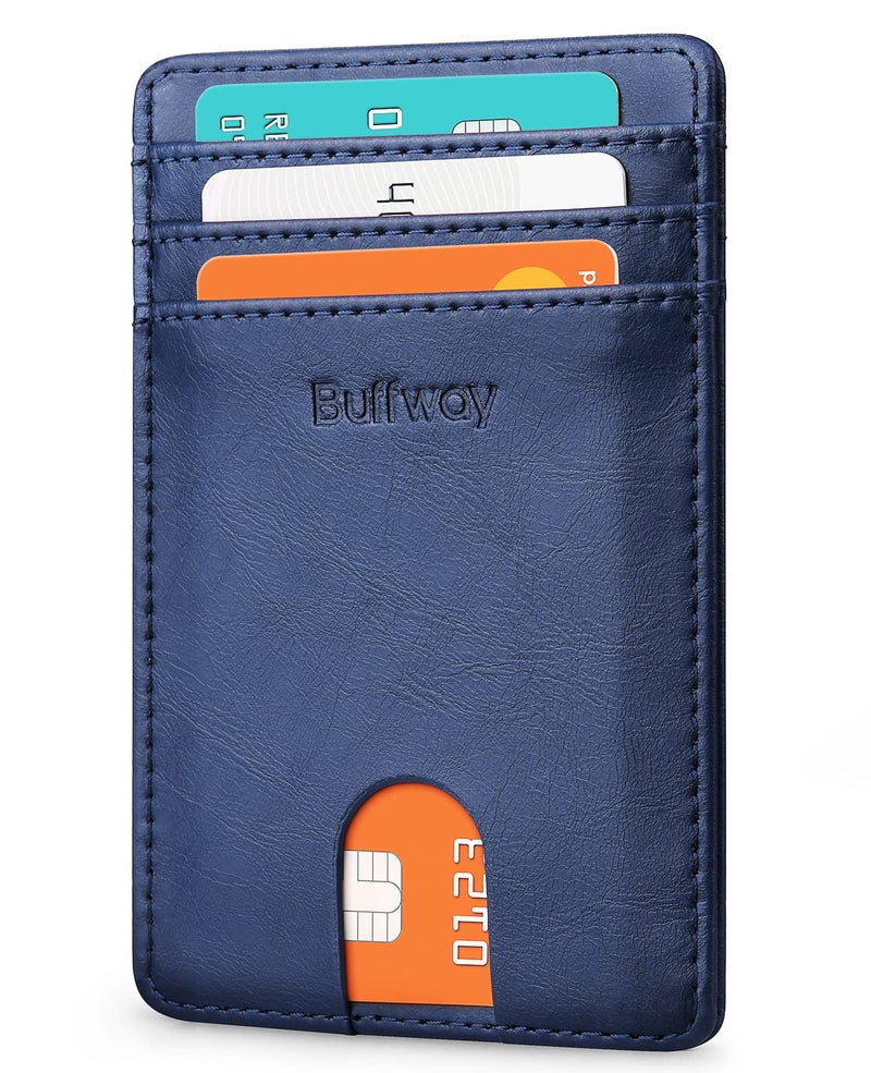 Buffway Mens Slim Wallet, Minimalist Thin Front Pocket Leather Credit Card Holder with RFID Blocking for Work Travel - Seattle Navy Blue - Image 1